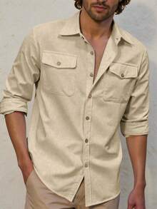 Manfinity Homme Men Solid Color Long Sleeve Single-Breasted Casual Shirt With Dual Pockets, Fall