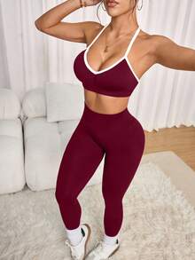 SHEIN Sports 无缝可调节工字背运动文胸和高腰瑜伽紧身裤女式运动套装 - 酒紅色 - 查看 3