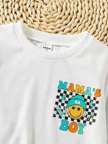 Playful Pals 2 件套年轻男童夏季休闲可爱格纹“MAMA'S BOY”字母印花短袖圆领运动衫和运动裤，秋冬新款，运动服，幼儿男童冬装 - 彩色 - 查看 7