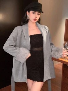 DAZY 女士羊毛大衣，配有毛绒拼布纯色抽绳腰带，适合情人节夹克 - 灰色 - 查看 3