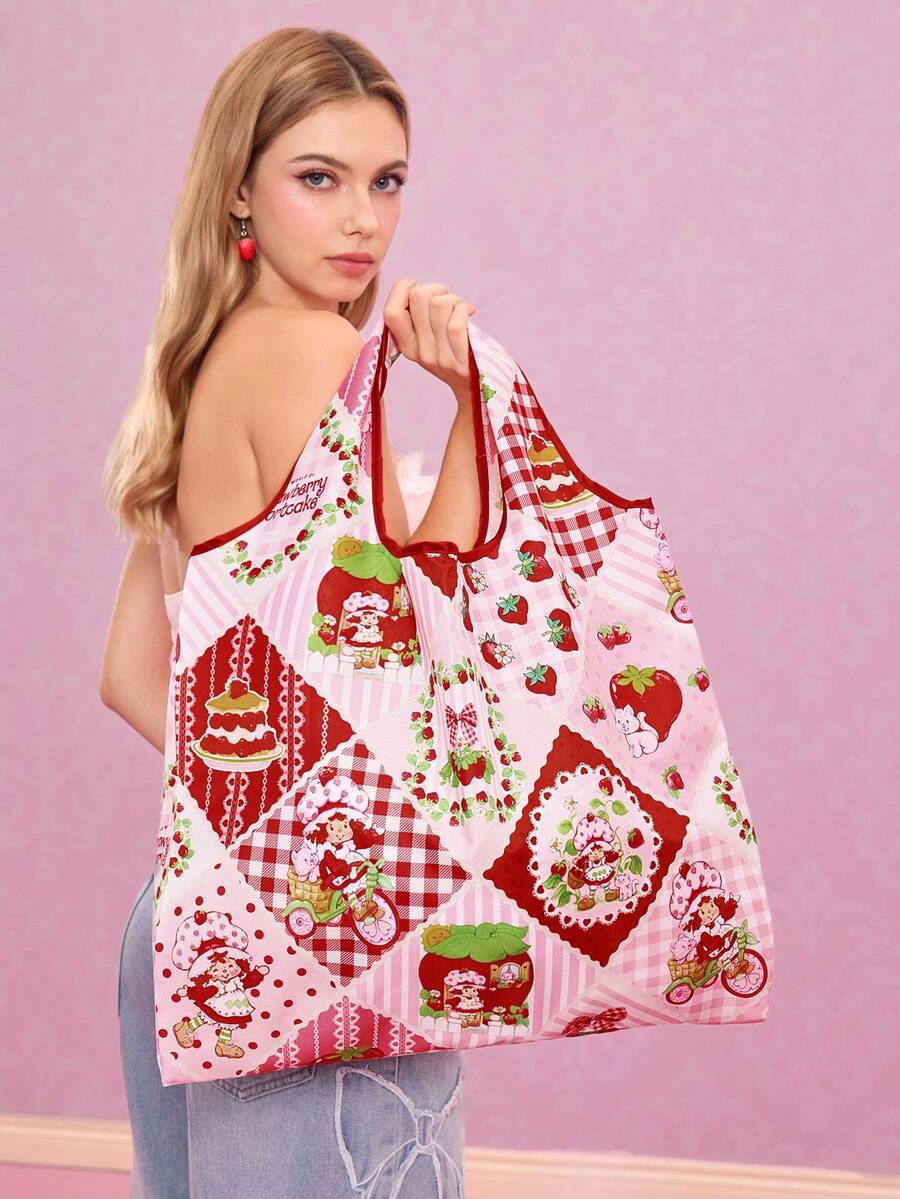 Strawberry Shortcake X SHEIN 1 Túi mua sắm gấp gọn bằng polyester in hình hoạt hình dễ thương, túi tote có túi nhỏ rời, họa tiết dâu tây, ngọt ngào, phong cách đồng quê, hình mèo, ý tưởng quà tặng. - Đỏ - Xem 1