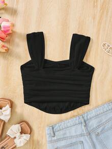 Tween Girls Cute Summer Sweetheart Collar Romatic Solid Ruched Wide Strap Top,French Elegance - Black - View 2