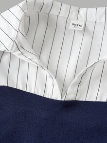 SHEIN Serisse Kids Tween 女童拼色长袖上衣和直筒休闲裤套装，适合约会、派对、返校、秋冬套装，女童套装裤子和上衣套装学院风两件套 - 藍白色 - 查看 4