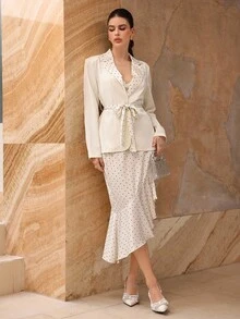 Modelyn Women's Elegant Polka Dot Patchwork Beige Fashion Asymmetrical Hem Tie Waist Suit Set, Autumn/Winter - Apricot - View 5