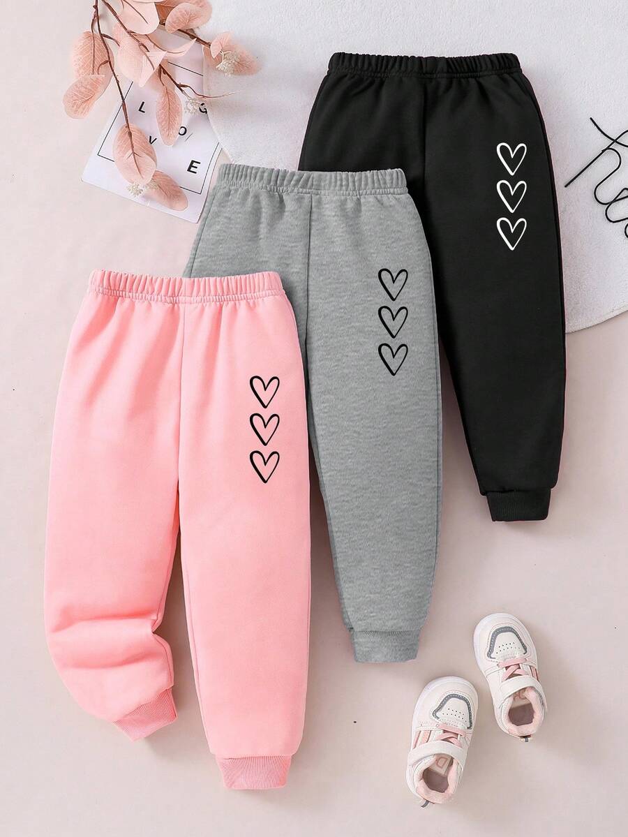 3pcs/Set Fashionable Casual Pants, Cute Heart Print, Young Girls Drawstring Sweatpants, Suitable For Autumn/Winter - Black - View 1
