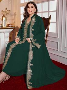 Layrah 2pcs  Arabic Women Abaya Robe & Long Dress Set - Dark Green - View 6