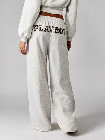 Missguided x Playboy Leopard Print Bunny Wide Leg Sweatpants Loungewear Fall Winter Cozy French Terry Drawstring Relaxed Fit Casual Bottoms