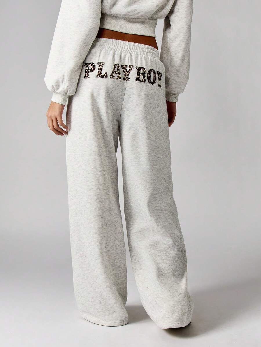 Missguided x Playboy 豹纹兔子阔腿运动裤家居服秋冬舒适法式毛圈布抽绳宽松休闲裤 - 淺灰色 - 查看 1