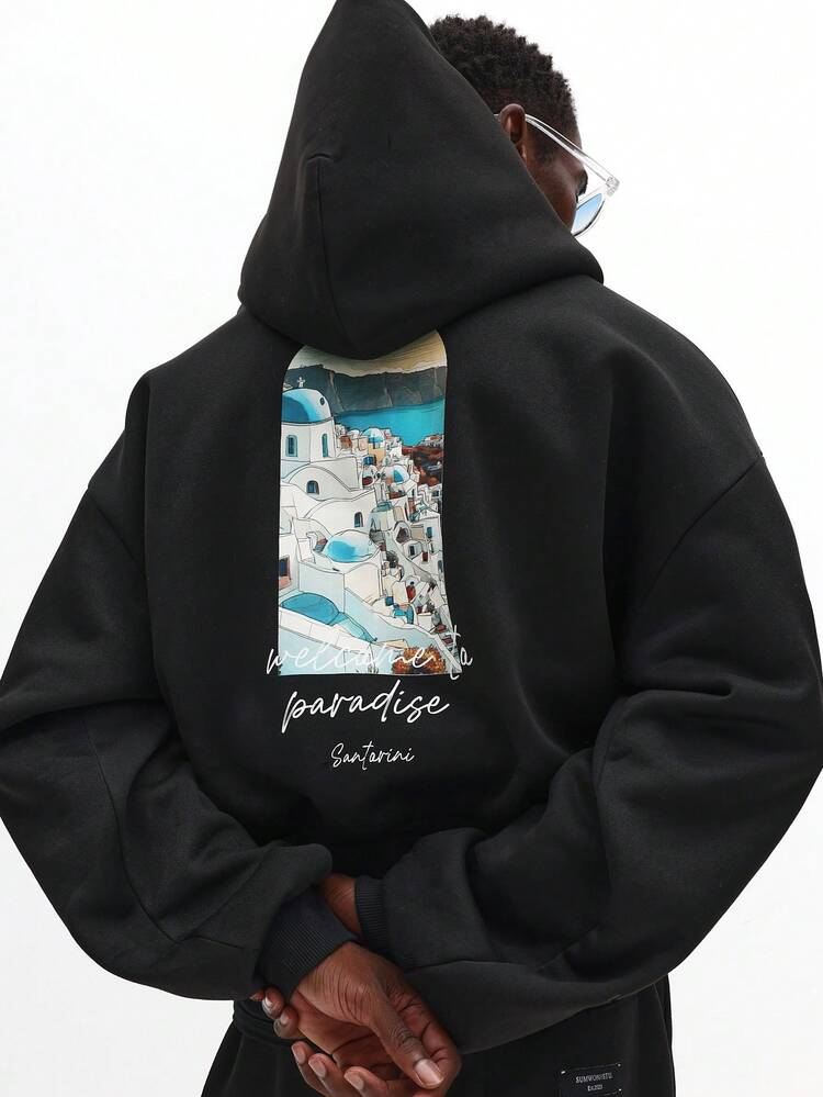 Oversized Drawstring Hoodie With Santorini Landscape Print