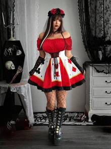 Whyspr Plus Size Gothic Punk Style Playing Card Print Dress - Red - View 6