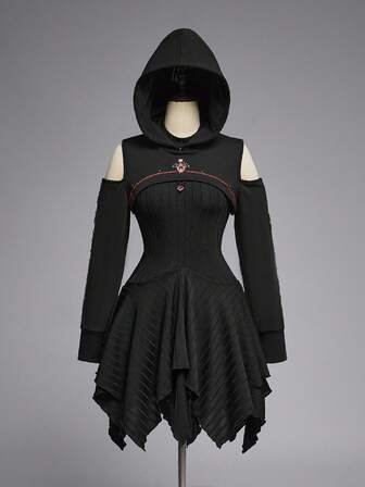 Goth Ensemble de costume de sorcière gothique sombre - chapeau de sorcière noir, Sweat-shirt à capuche et robe épaules dénudées