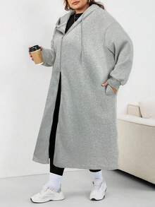 SHEIN CURVE+ 加大码女式长款连帽夹克外套，适合秋冬季女装，冬季，CURVE PLUS - 淺灰色 - 查看 4