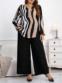 EMERY ROSE Bộ 2 món áo sơ mi sọc sóng thường ngày cỡ lớn kèm quần có túi dành cho nữ, mùa thu/đông - Nhiều màu - Xem 5