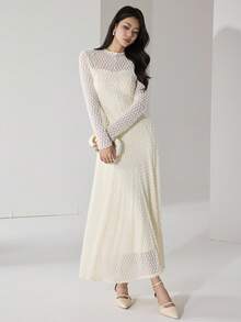Heiryn Vestido de mujer elegante de unicolor y textura - Albaricoque - Ver 4