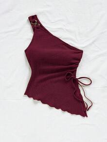 Soleia 女士夏季度假米色针织提花纹理单肩修身下摆开衩抽绳褶饰吊带背心，适合派对、约会、情人节、复活节、狂欢节、下午茶、海滩、游轮、城市度假 - 酒紅色 - 查看 3