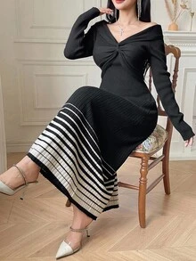 DAZY Women's Elegant Colorblock Striped Off Shoulder Twist Knit Sweater Dress, Autumn - Black - View 3