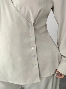 Elenzga Ensemble deux pièces grande taille pour femmes, top ample asymétrique à manches longues col V et pantalon ample long, couleur unie, style décontracté - Gris pâle - Voir 8