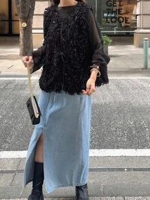 FRIFUL 女士宽松亮片背心，常规外套，感恩节 - 黑色 - 查看 3