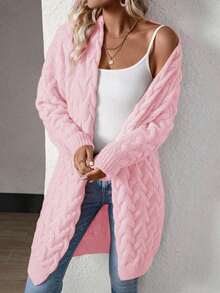 EMERY ROSE Ladies Casual Thigh Length Cable-Knit Pink Cardigan Long Sleeve Drop Shoulder Knitwear - Pink - View 3