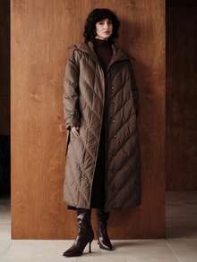 Zovinel 女装冬季新款简约高端保暖长袖系带可拆卸长款棕色棉服外套，适合通勤 - 咖啡棕 - 查看 5