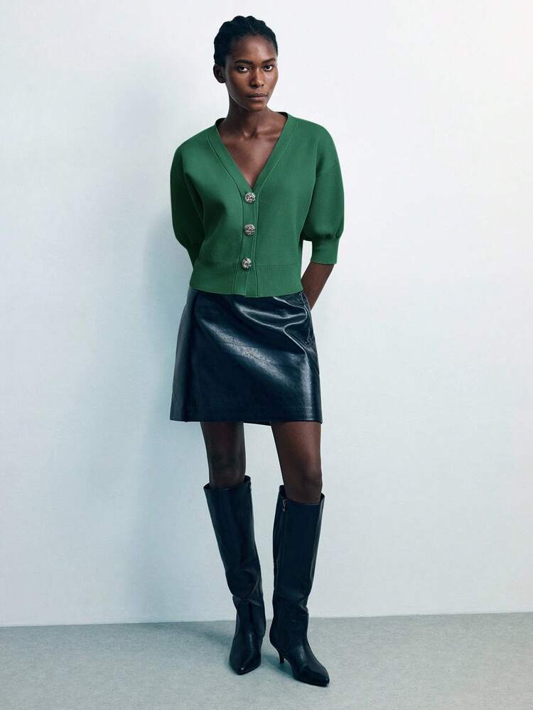 SHEIN Maija Women's V-Neck Lantern Sleeve Metal Button Decor Knit Top, Business Casual Everyday Wear, Suitable For Wedding Guest, Beach Vacation, Urban Commute, Office Attire St Patrick's Day Easter Party Top Holiday Beach Vacation Summer Going Out Graduation