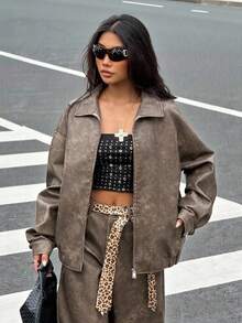 Muchica 2025 New Arrive Fall/Winter Women Brown Vintage Distressed Loose PU Leather Jacket For Going Out,Streetwear - Brown - View 3