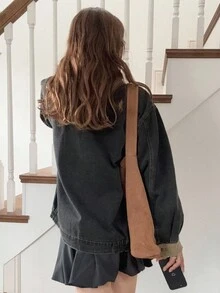 FRIFUL 女式撞色翻领宽松休闲百搭牛仔夹克和外套 - 深灰色 - 查看 3