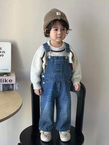 SHEIN 休闲百搭宽松日常穿着男婴蓝色牛仔背带裤 - 中等水洗藍 - 查看 6