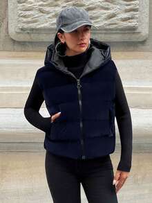 EURMUSE 女士纯色编织加厚保暖天鹅绒外观冬季无袖背心外套连帽衫领短款冬季背心 - 藏蓝色 - 查看 5