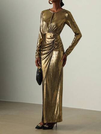 Vesra 优雅的金属腰褶中长连衣裙，适合派对和鸡尾酒会