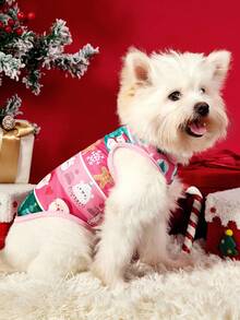PETSIN 1件粉色边拼接粉绿条纹背心，圣诞老人/圣诞树/雪人元素齐聚圣诞宠物亲肤透气背心 - 彩色 - 查看 5