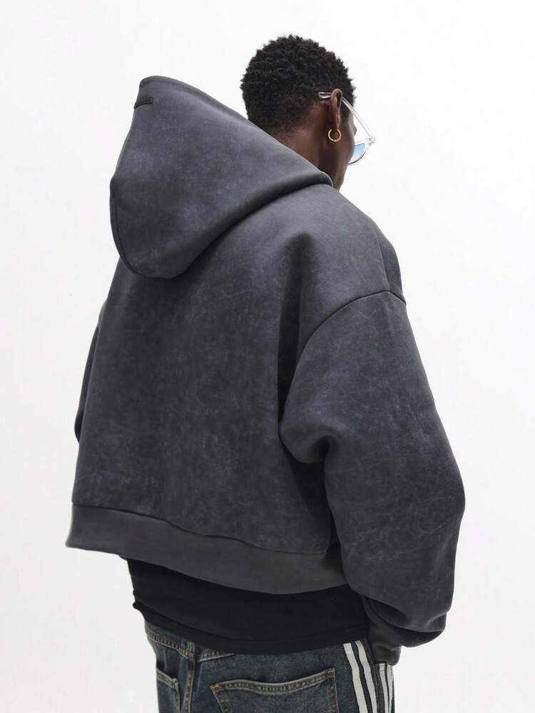 Washed Effect Full Zip Hoodie With Drawstring And Centre Pocket