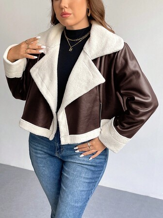 SHEIN Privé Plus Size Fashionable Windproof PU Leather Teddy Thermal Lined Contrast Color Short Loose Fit Women Black Jacket, Autumn/Winter