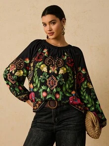 Travachic Plus Size Women's Black Tropical Floral Print Round Neck Long Sleeve Shirt, Button Front Loose Blouse Boho Blouses Peasant Blouse Bohemian Top Lantern Sleeve Blouse Cozy Fall And Winter Clothes For Women Black Tops