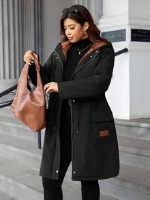 Easura Fashionable Casual Retro Elegant Comfortable Contrast Color Patchwork Waist Cinched Padded Coat - Black - View 4