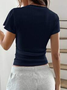 Zielony 甜美蕾丝边短袖 T 恤女装夏季新款修身款 3 纽扣前半袖上衣