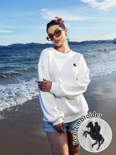 Veykashi Lässiger minimalistischer College-Stil Vintage bestickter Pferde-Logo Damen Pullover, geeignet für Herbst/Winter