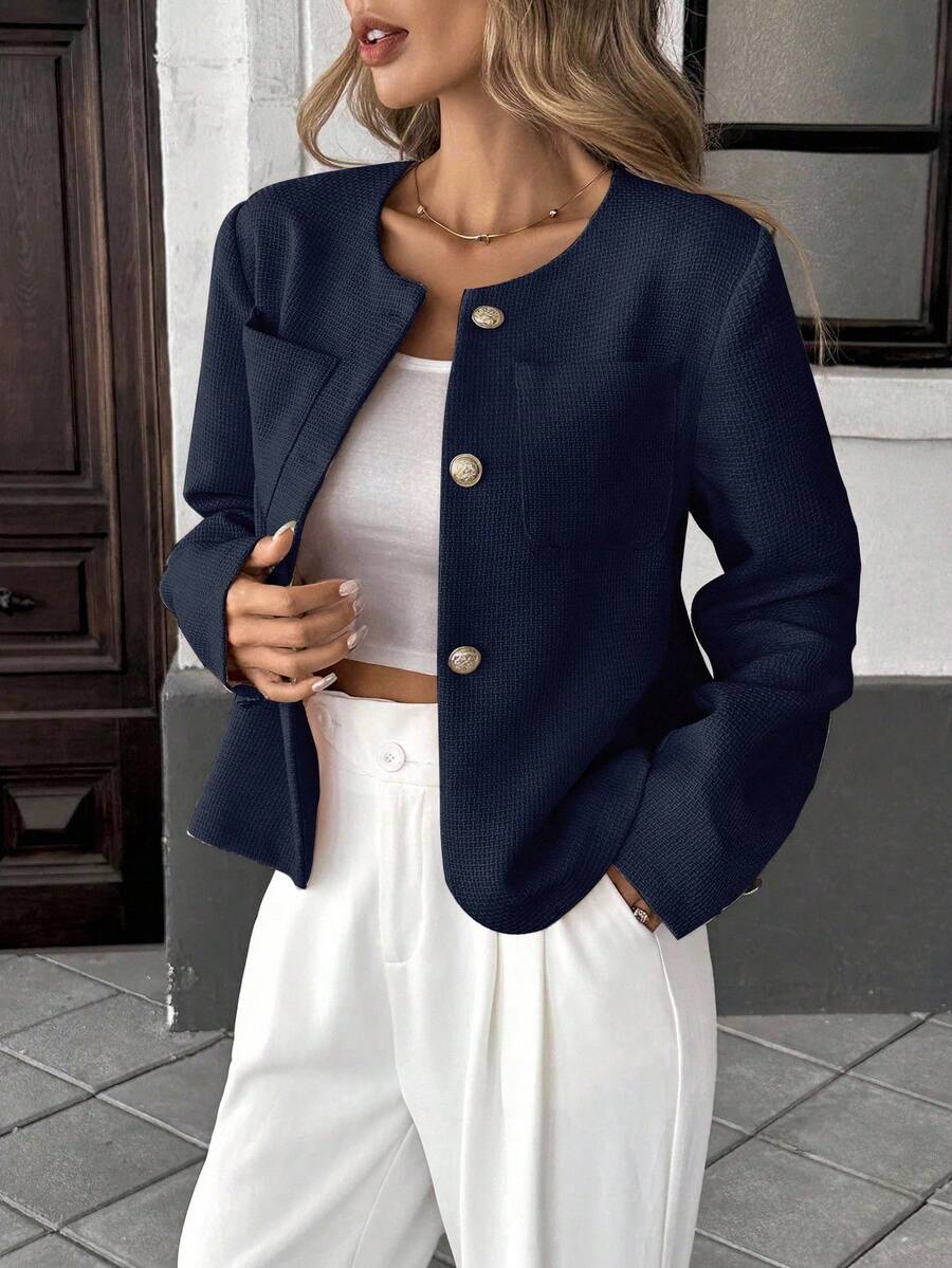 Pariaura 优雅法式编织圆领长袖常规版型女士绿色夹克，夏季新品 - 藏蓝色 - 查看 1