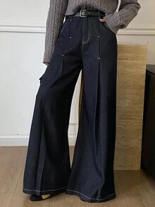 Livesso 女士宽松商务休闲复古水洗设计褶缝撞色拼色阔腿牛仔裤，适合秋季、冬季和春季 - 深色水洗藍 - 查看 7