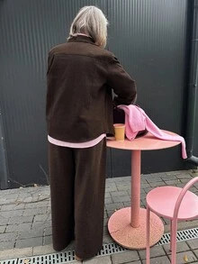 Vivie Lora مجموعة قميص وبنطلون من خليط الكتان البني للنساء قطعتان - بني - مشاهدة 6