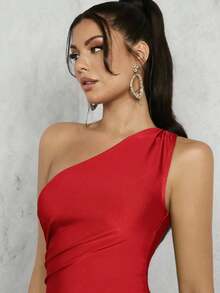 Glamine Váy dài xếp ly eo cao không đối xứng một bên vai thanh lịch mùa hè cho khách dự tiệc cưới trang phục maxi cho nữ - Đỏ - Xem 4