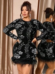 Cravure Đầm nhung thêu sequin lông giả cổ tròn màu đen dự tiệc sang trọng cỡ lớn - màu đen - Xem 3