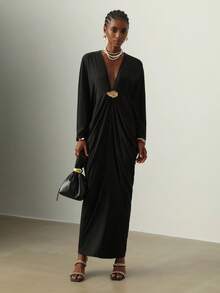 Vesra فستان مُبرّم مُنسوج بلون واحد مُتضخّم مع زخرفة معدنية للنساء - الأسود - مشاهدة 7