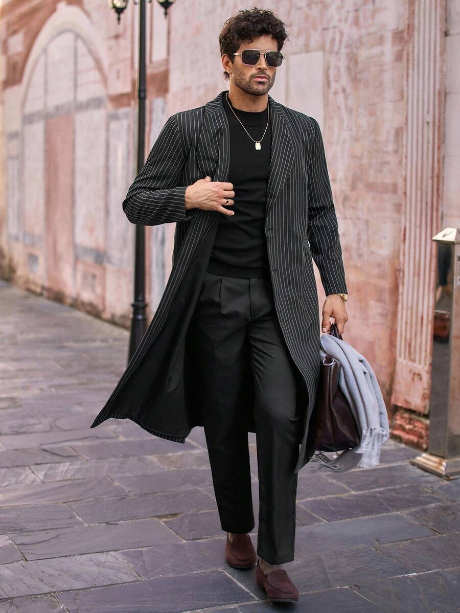 Manfinity VCAY Men's Casual Black & White Vertical Striped Mid-Length Windbreaker, Autumn/Winter - Black and White - View 1