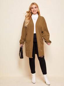 SHEIN LUNE Plus Size Solid Color Front Open Pocket Long Sleeve Jacket, Autumn/Winter - Coffee Brown - View 4