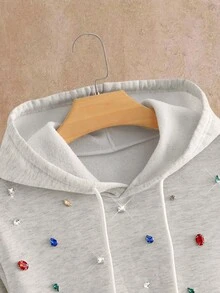 Manfinity VCAY Men's Drawstring Hooded Sweatshirt With Thermal Lining And Rhinestone Decor, Casual For Autumn/Winter - Light Grey - View 4