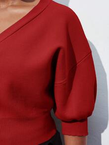 Maija 大码女式 V 领落肩短袖休闲短款开衫针织上衣红色开衫女式短款开衫红色上衣红色衬衫女式加大码秋冬装 - 酒紅色 - 查看 7