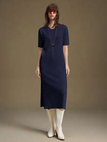 Ontre 女士宽松侧开衩半袖针织连衣裙，百搭百搭商务休闲连衣裙，优雅婚礼宾客连衣裙，秋冬 - 藏蓝色 - 查看 5