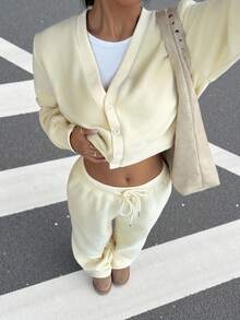 Muchica Bộ áo khoác và quần nhung kem cổ chữ V dành cho nữ, Thu/Đông - Vàng nhạt - Xem 7