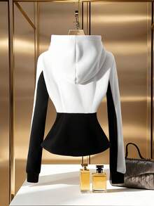 SHEIN Clasi Chaqueta de moda con capucha, cremallera, puntada de espina de pescado y contraste de color para mujer de talla grande, ropa de otoño e invierno para mujeres - Blanco y Negro - Ver 2